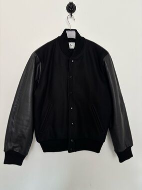 Reigning Champ Black Wool Bomber with Leather Sleeves
